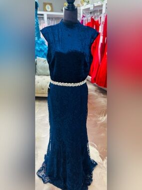 Navy Blue Beaded Waist Prom Gown
